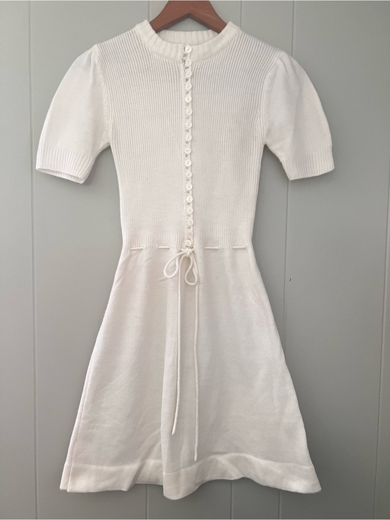 Vintage Dresses & Skirts - Vintage 70s White Knit Mini Dress Button Front Puff Sleeve Retro Cottagecore S